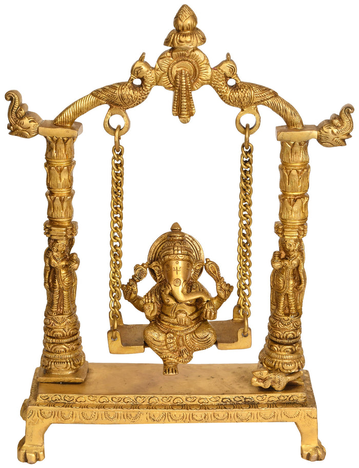 11" Handmade Brass Ganesha Idol on Swing Statue