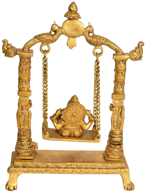11" Ganesha Idol Seated on Swing | Handmade Brass Statue | Made in India
