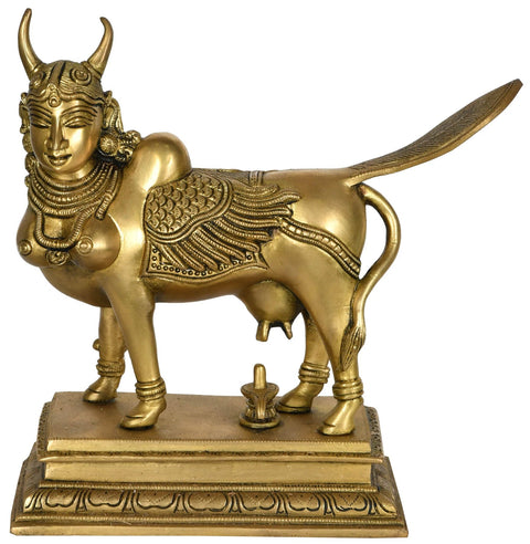 9" Kamadhenu Doing Abhisheka of Shiva Linga with Her Milk In Brass | Handmade | Made In India
