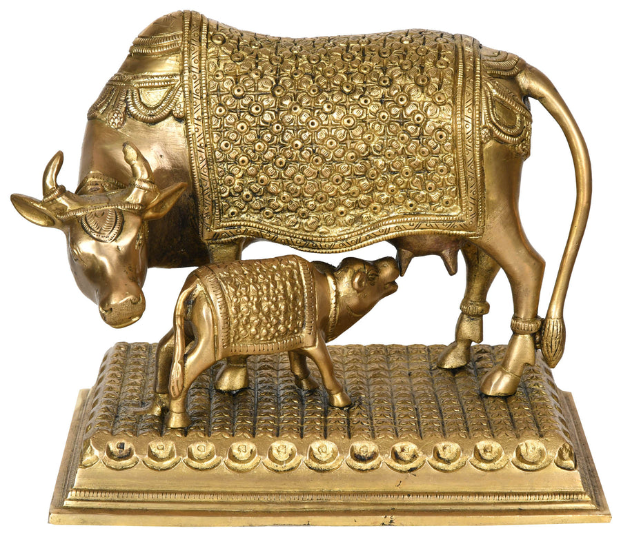 10" Handmade Brass Mother Cow with Calf Statue