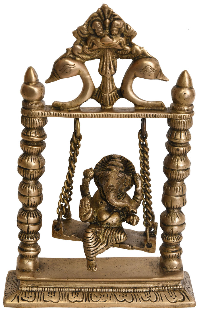 8" Handmade Ganesha On Swing Brass Statue for Home Decor