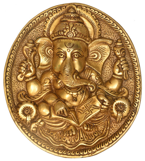 9" Cute Ganesha Wall Hanging Plage In Brass | Handmade | Made In India