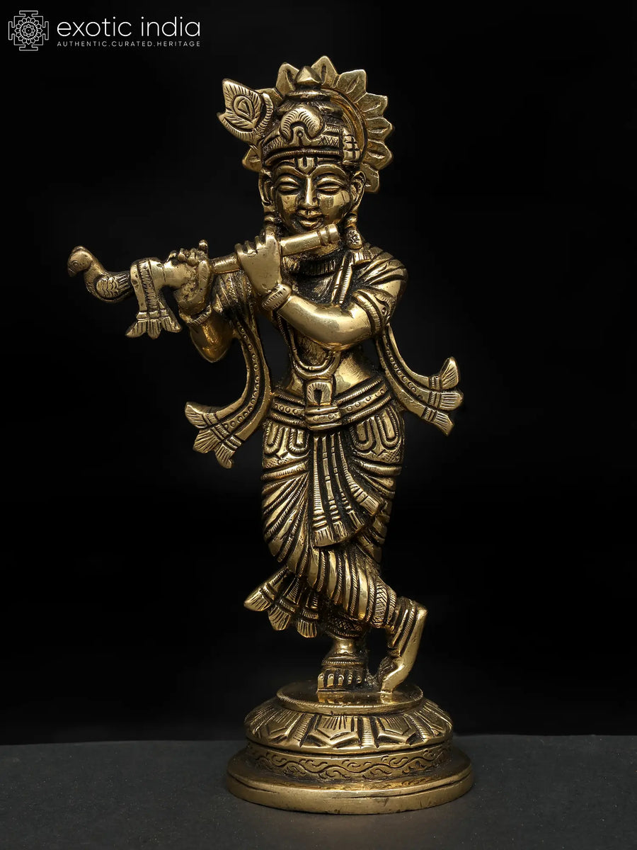 6" Handmade Fluting Krishna Brass Statue for Home Pooja