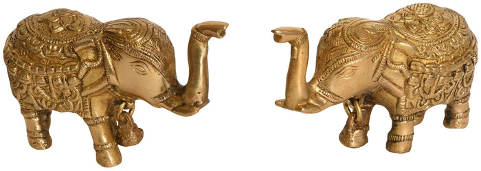 Pair of Upraised Trunk Elephants Brass Statue with Bell for Vastu