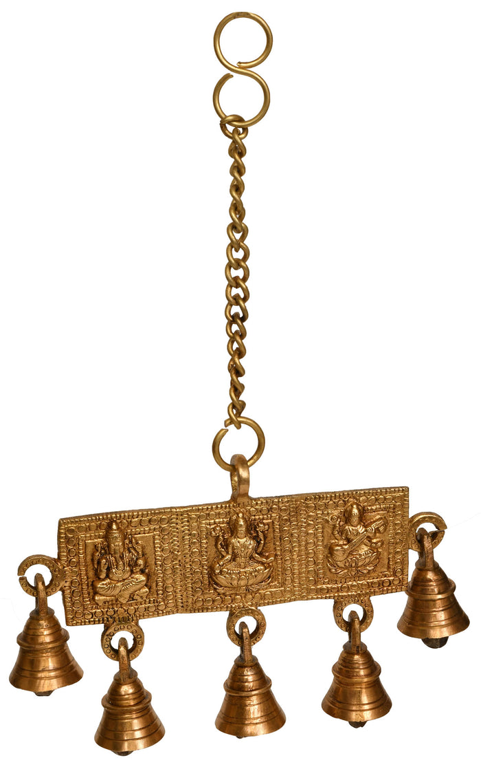 12" Handmade Lakshmi Ganesha Saraswati Brass Hanging Bells