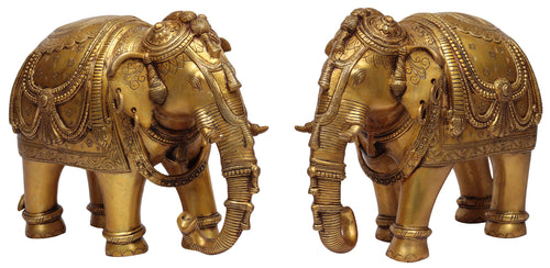 Pair of Handmade Brass Ornamented Elephant Statues