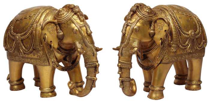 Pair of Handmade Brass Ornamented Elephant Statues
