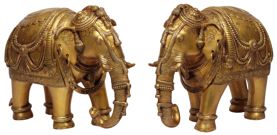 Pair of Handmade Brass Ornamented Elephant Statues