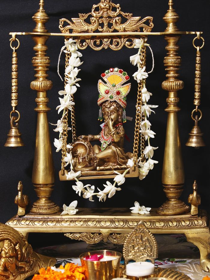 16" Handmade Brass Butter Krishna Idol with Swing