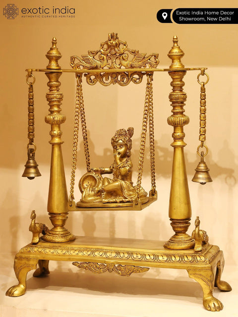 16" Butter Krishna Idol Swing | Handmade Brass Statue | Made in India