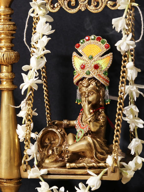 16" Butter Krishna Idol Swing | Handmade Brass Statue | Made in India