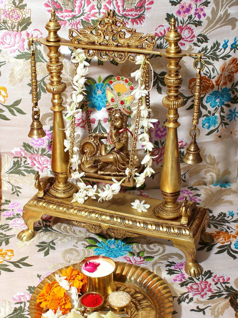 16" Butter Krishna Idol Swing | Handmade Brass Statue | Made in India