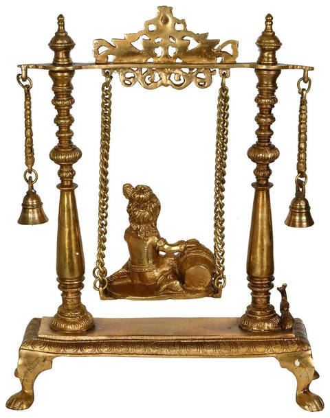 16" Butter Krishna Idol Swing | Handmade Brass Statue | Made in India