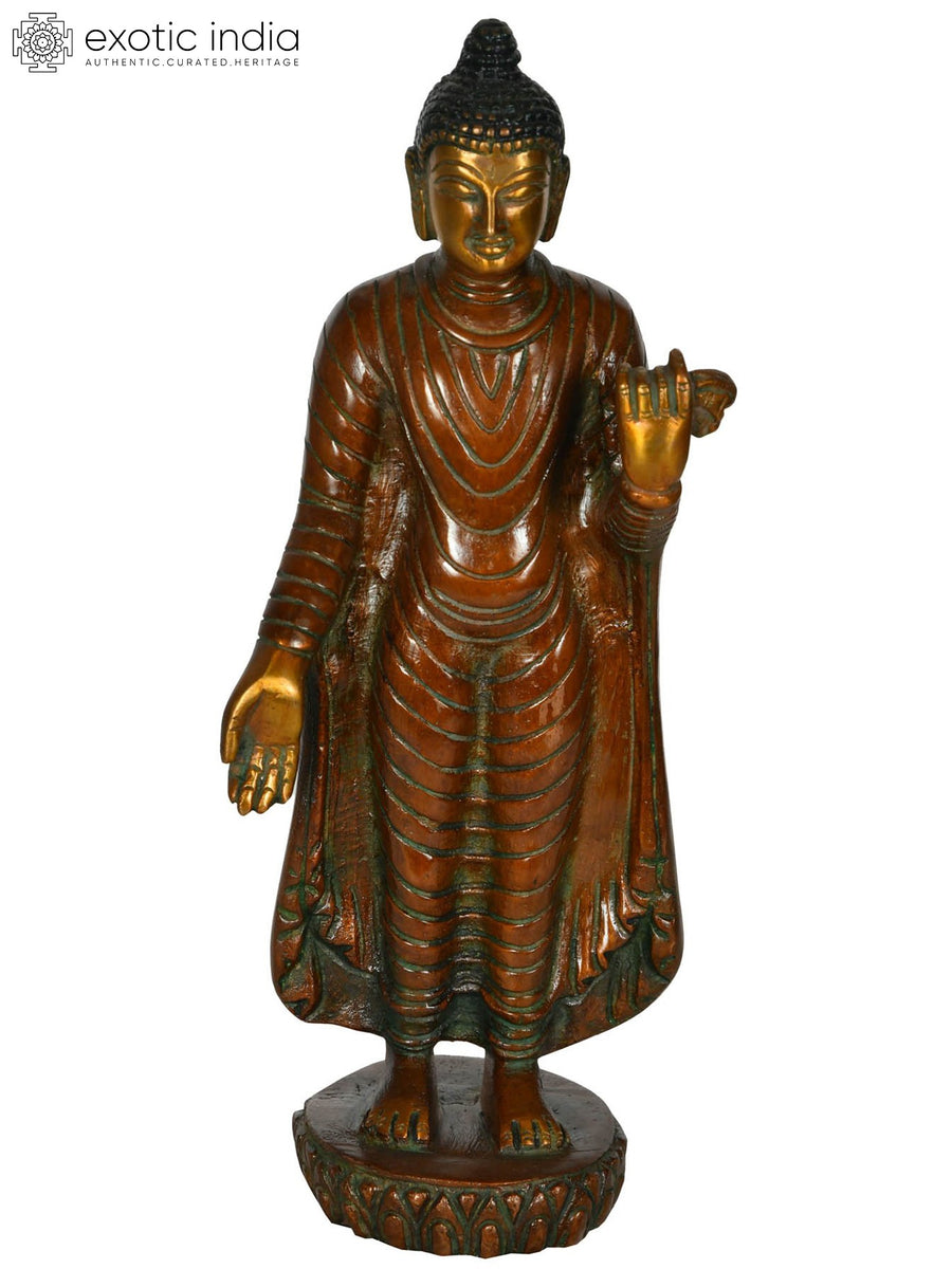 8" Standing Buddha Brass Statue Handmade Tibetan Buddhist Idol