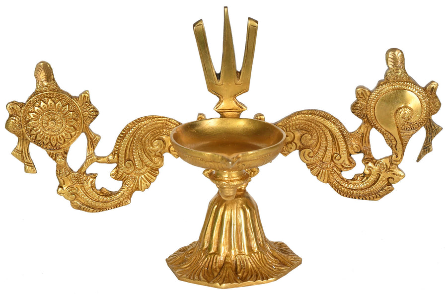 12" Brass Wick Lamp with Vaishnava Symbols Handmade Statue