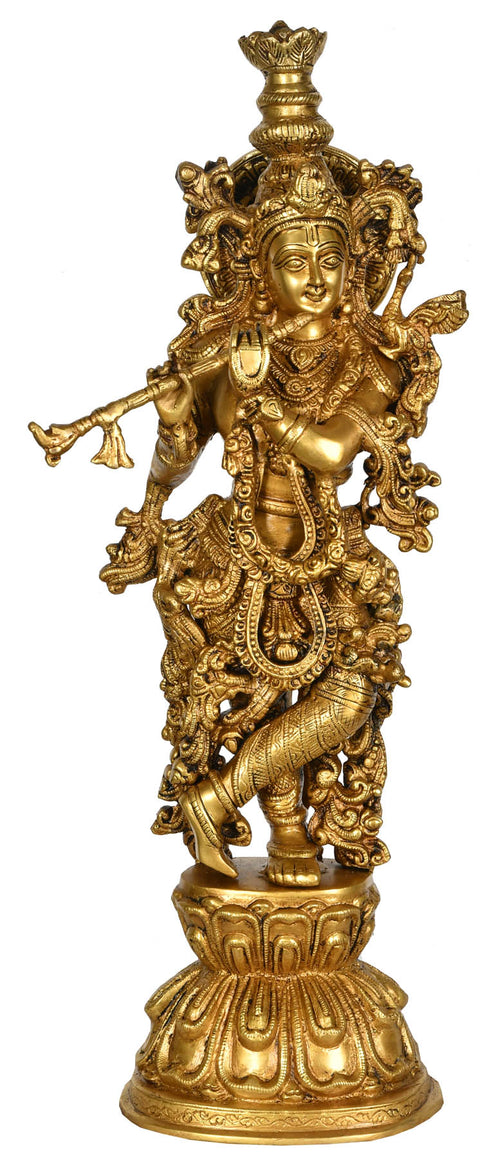 24" Krishna Playing Flute Brass Statue Handmade