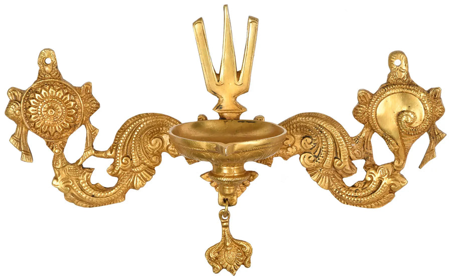 5" Brass Wall Hanging Wick Lamp with Vaishnava Symbols