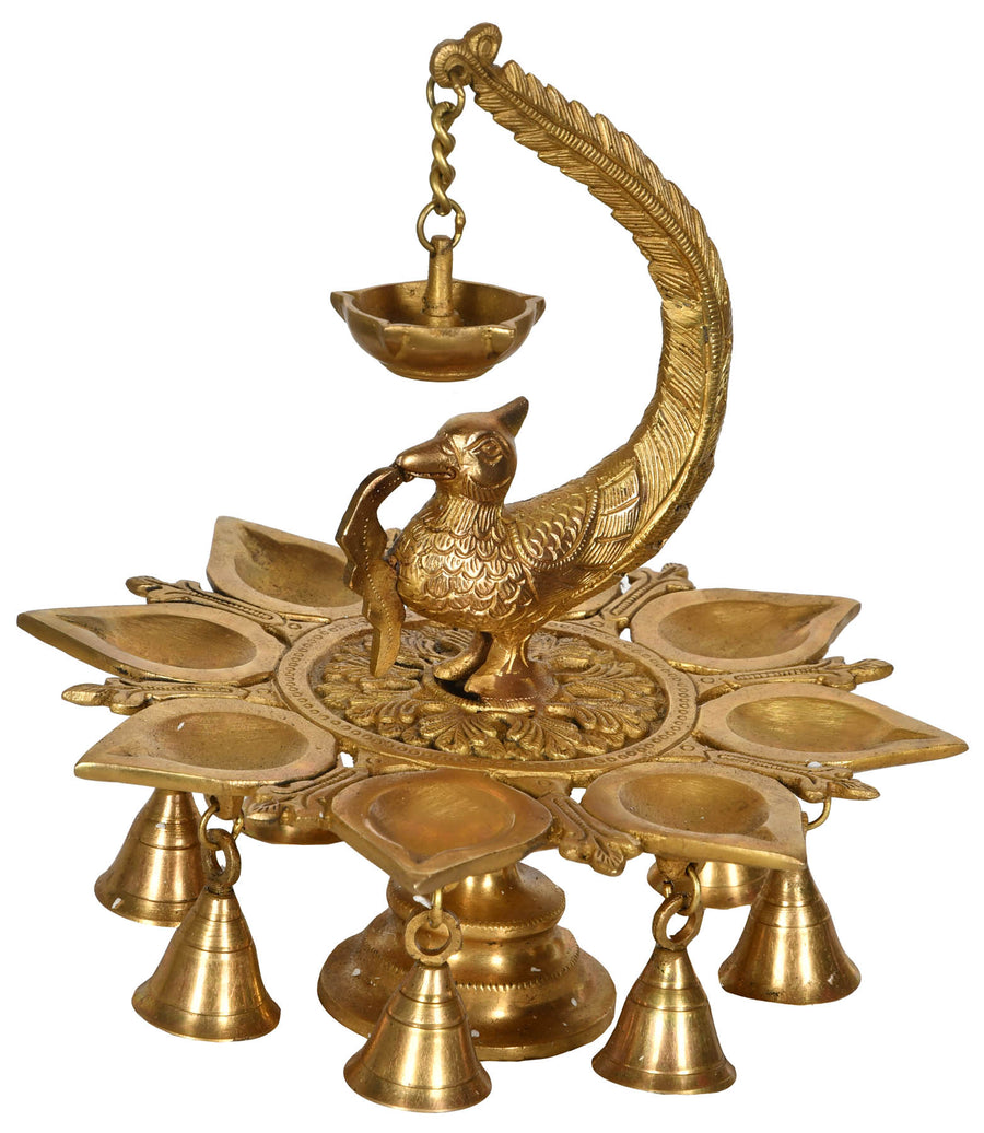 10" Handmade Brass Peacock Wick Lamp with Bells