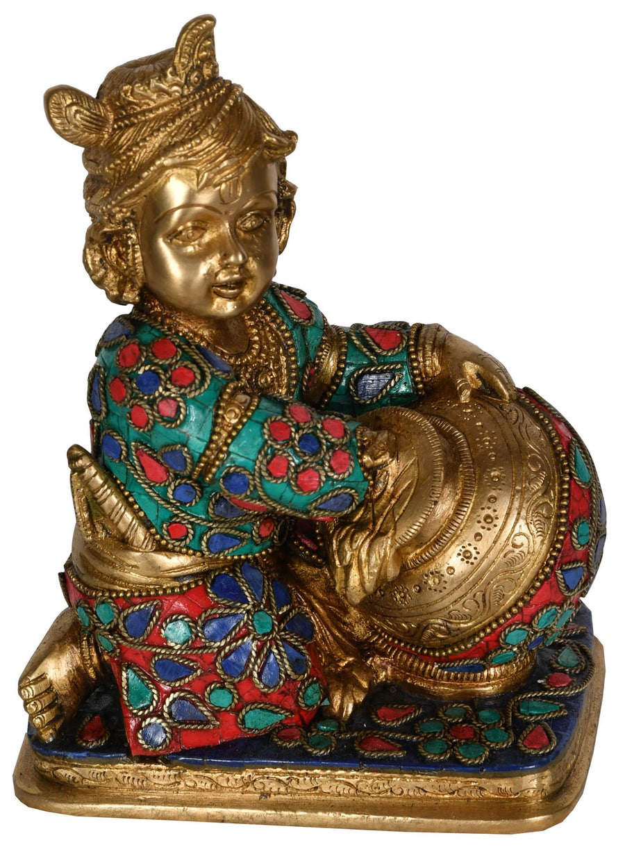 7" Handmade Butter Krishna Brass Statue for Pooja