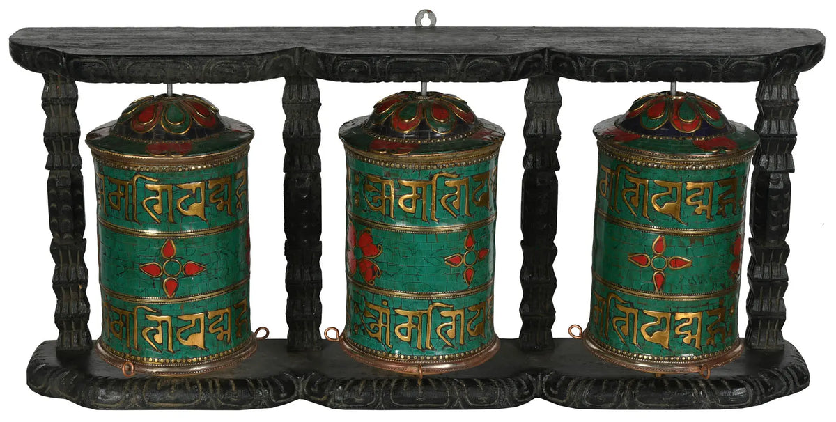 (Made in Nepal) Three Prayer Wheels in One Stand
