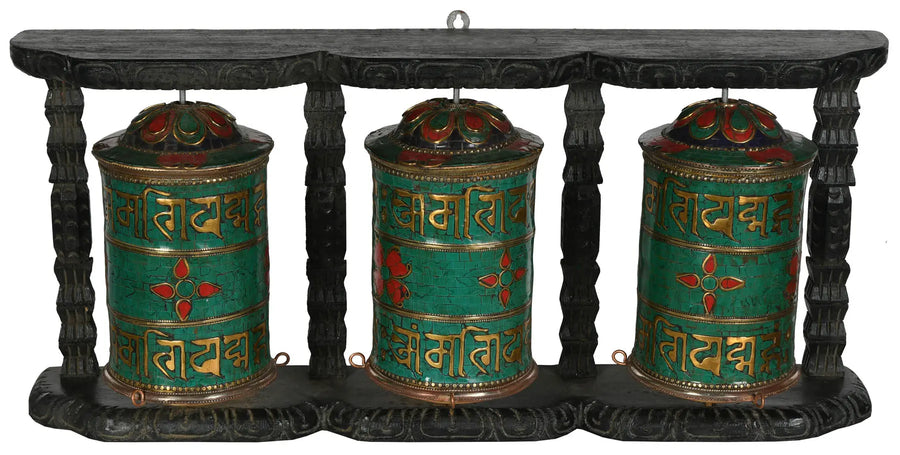 Three Prayer Wheels in One Stand Brass Statue