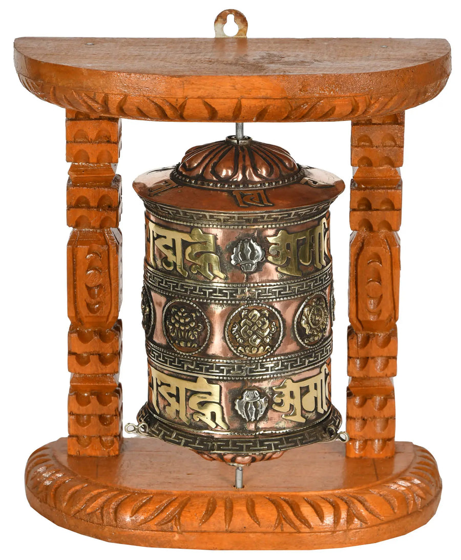 Tibetan Buddhist Ashtamangala Prayer Wheel Brass Statue