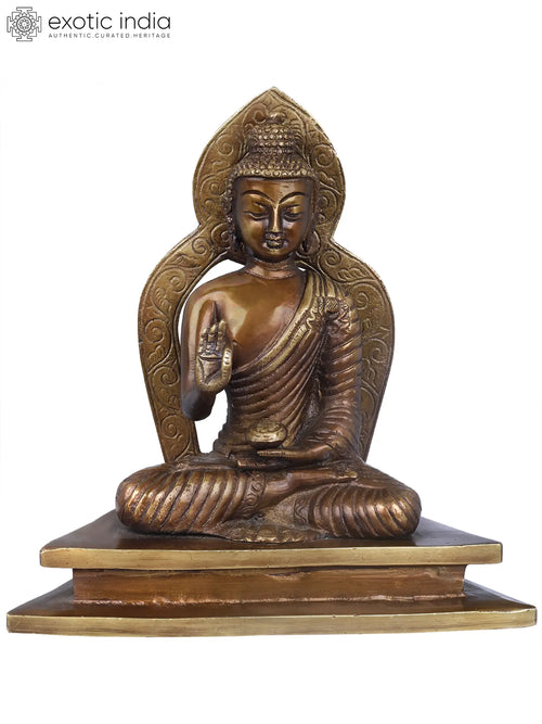 7" Tibetan Buddhist Seated Buddha Brass Statue with Aureole Handmade