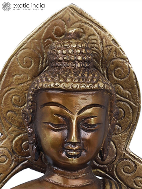7" Tibetan Buddhist Seated Buddha, Aureole Matching His Silhouette In Brass | Handmade | Made In India