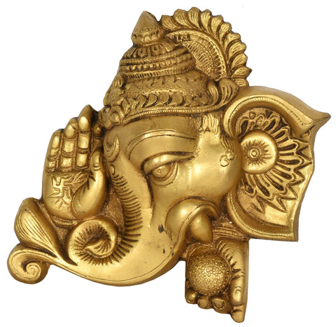 8" Blessing Ganesha Wall Hanging Mask in Brass | Handmade