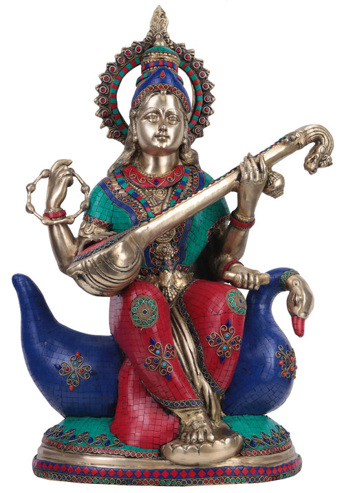 28" Goddess Saraswati Seated on Swan Brass Statue Handmade