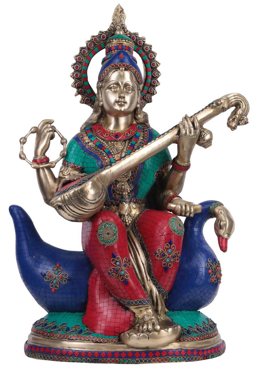 28" Goddess Saraswati Seated on Swan Brass Statue Handmade