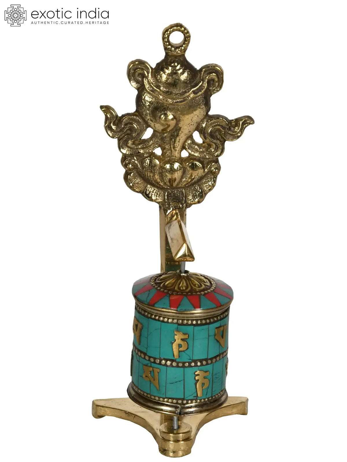 7" Tibetan Buddhist Prayer Wheel with Conch (Ashtamangala) in Brass | Handmade | Made in India