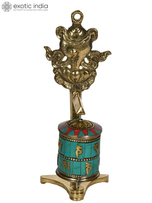 7" Brass Tibetan Buddhist Prayer Wheel with Ashtamangala Handmade Statue