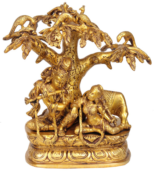 11" Handmade Brass Radha Krishna Idol Under Kadamba Tree