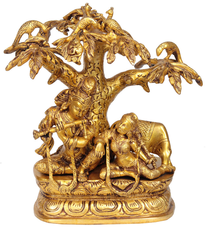 11" Handmade Brass Radha Krishna Idol Under Kadamba Tree