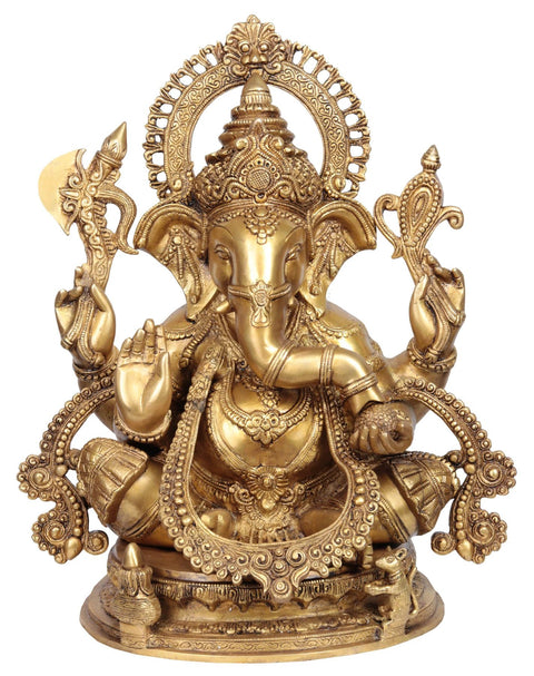 19" Ornamented Lord Ganesha In Brass | Handmade | Made In India