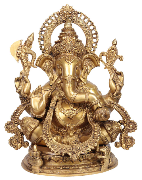 19" Handmade Lord Ganesha Brass Statue with Ornaments