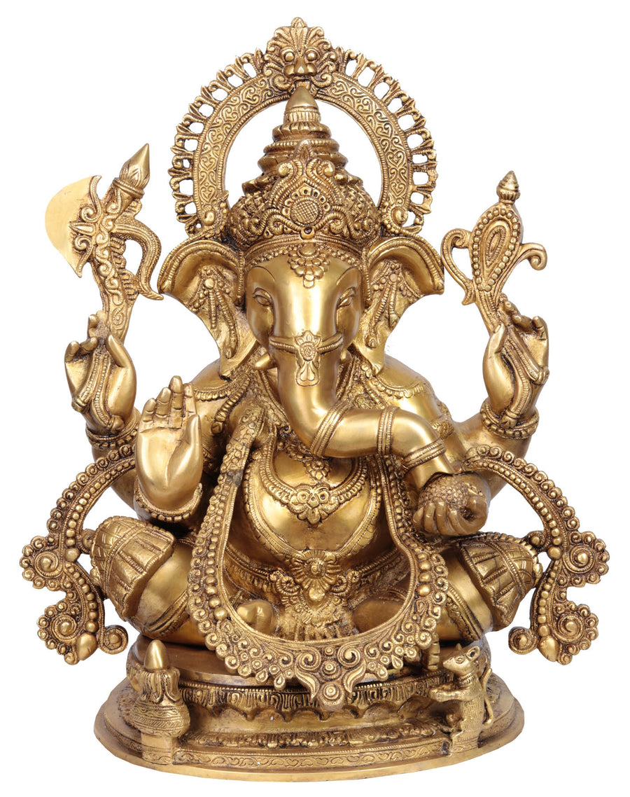 19" Handmade Lord Ganesha Brass Statue with Ornaments