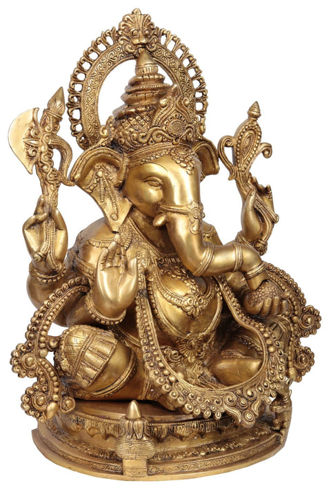 19" Ornamented Lord Ganesha In Brass | Handmade | Made In India