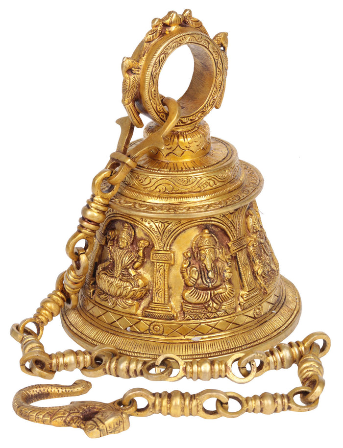 7" Brass Temple Hanging Bell with Images of Lord Shiva, Hanuman, Ganesha, Goddess Lakshmi, Durga and Radha Krishna