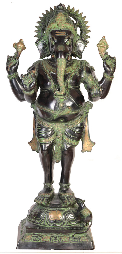 50" Large Majestic Chaturbhuja Ganesha Brass Sculpture | Handmade in India
