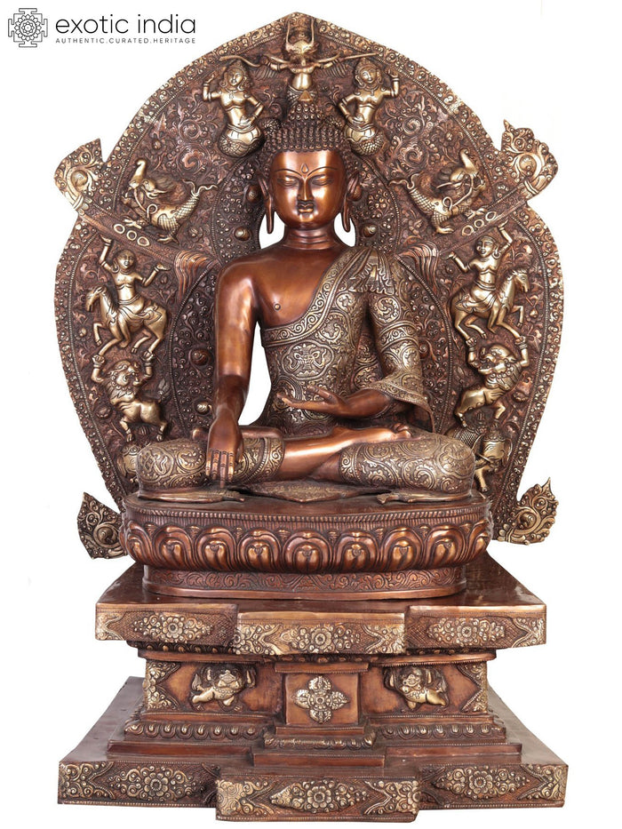 Large Lord Buddha on Six-Ornament Throne of Enlightenment | Brass Tibetan Sculpture | Handmade in India
