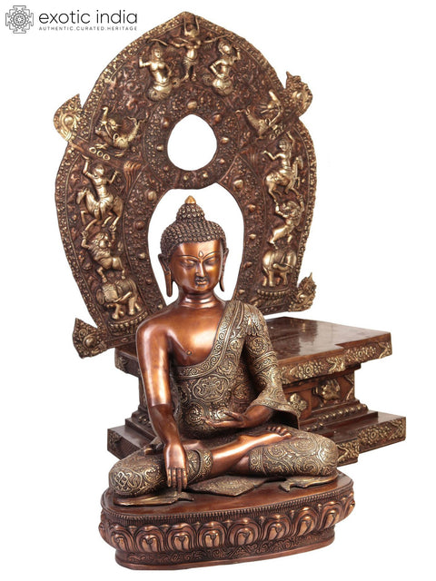 Large Lord Buddha on Six-Ornament Throne of Enlightenment | Brass Tibetan Sculpture | Handmade in India