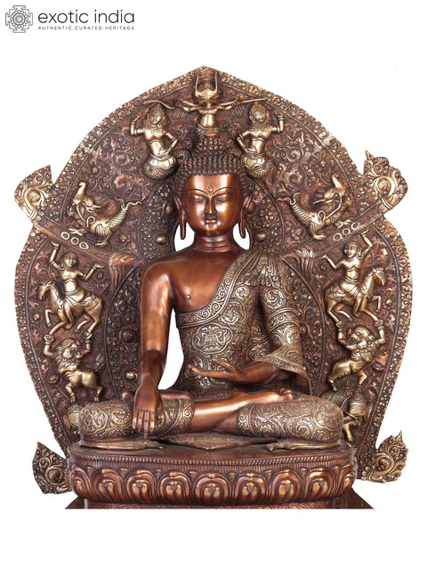 Large Lord Buddha on Six-Ornament Throne of Enlightenment | Brass Tibetan Sculpture | Handmade in India