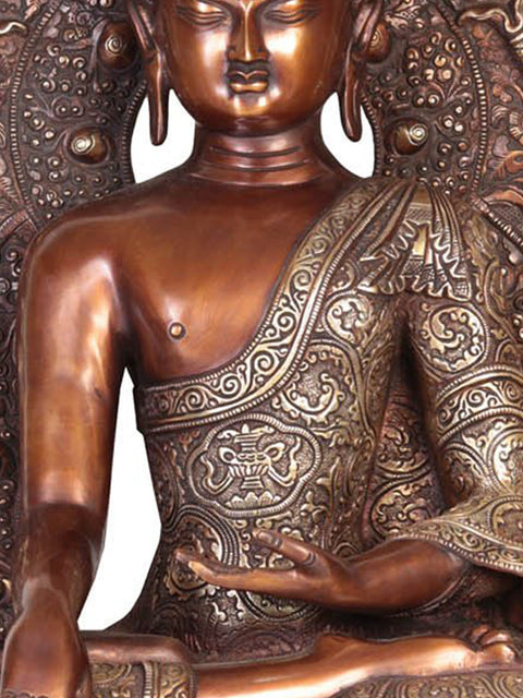 Large Lord Buddha on Six-Ornament Throne of Enlightenment | Brass Tibetan Sculpture | Handmade in India