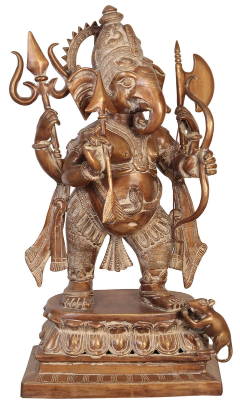 30" Large Size Yuddha-Ganapati: Ganesha in Warrior Form In Brass | Handmade | Made In India
