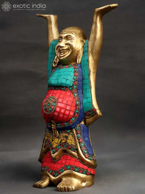 13" Tibetan Buddhist Laughing Buddha Brass Statue | Symbol of Joy & Prosperity