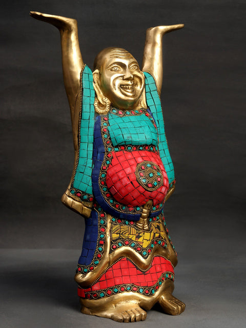 13" Tibetan Buddhist Laughing Buddha Brass Statue | Symbol of Joy & Prosperity