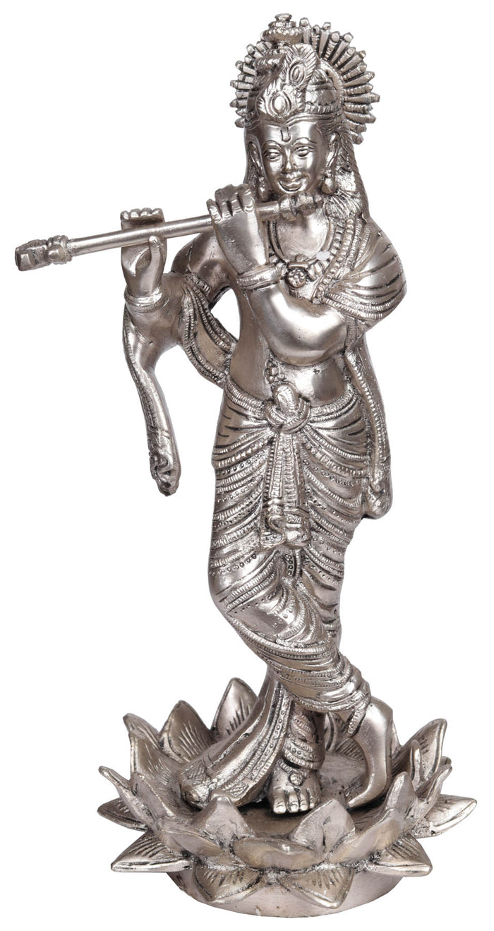 11" Handmade Krishna Chandravanshi Brass Statue with Silver Hue