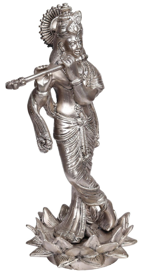 11" Krishna in Silver Hue (Chandravanshi) in Brass | Handmade